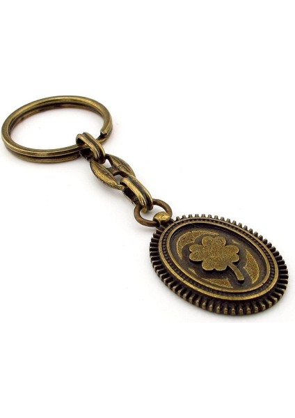 Dört Yapraklı Şans Yoncası Antik Sarı Bronz Eskitme Metal Anahtarlık KC252
