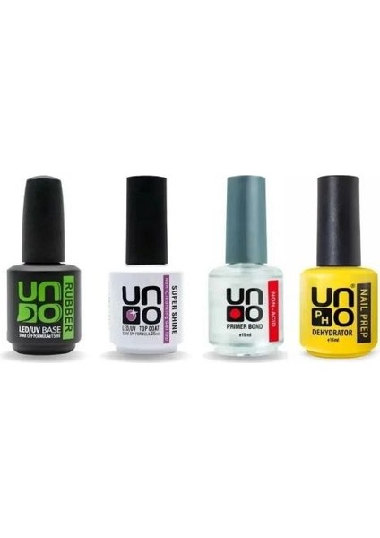 Uno Süper 4'lü Set ; Rubber Base Coat 15'ml , Top Coat 15'ml ; Non Asid Prımer 15'ml ; Dehydrator 15'ml