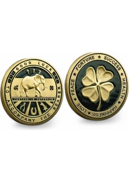 Dört Yapraklı Şans Yonca Fil 777 Bereket Sağlık Aşk Mutluluk Dilek Metal Para CP006