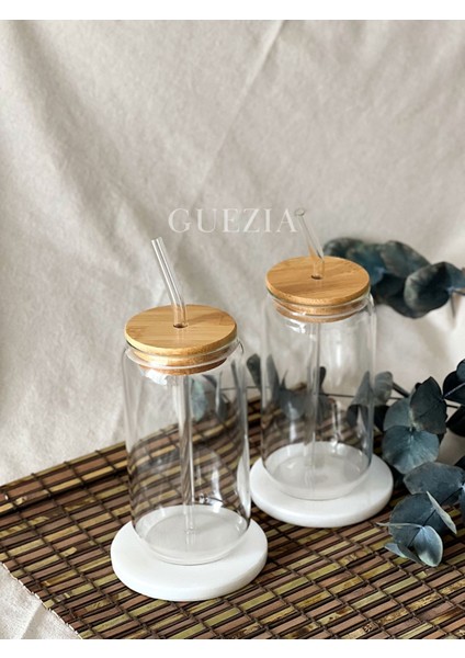 Bambu Kapaklı Pipetli Cam Bardak 2 Adet