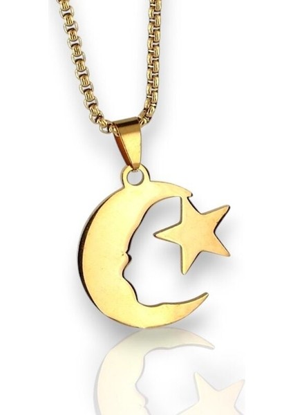 Mustafa Kemal Atatürk ve Türk Bayrağı Silüet Sarı Çelik Kolye Zincir Q0975