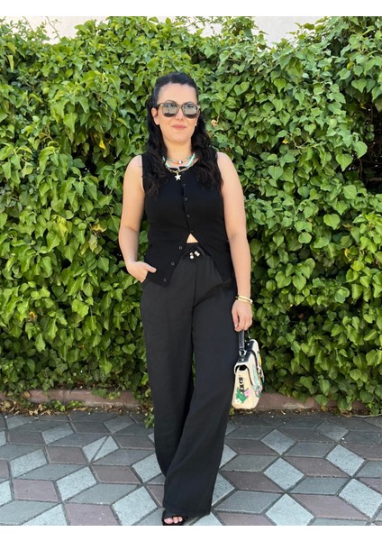 Siyah Beli Lastikli Boncuk Detaylı Bol Pantolon fiyatları