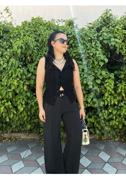 Siyah Beli Lastikli Boncuk Detaylı Bol Pantolon fırsatları