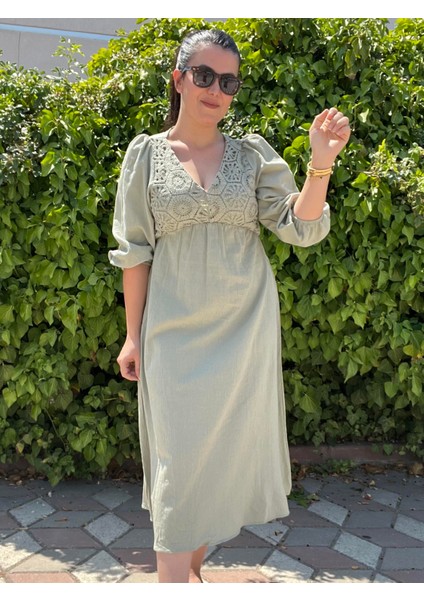 Haki Güpür Detaylı Keten Elbise