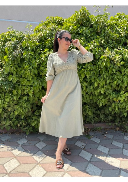 Haki Güpür Detaylı Keten Elbise fiyatları