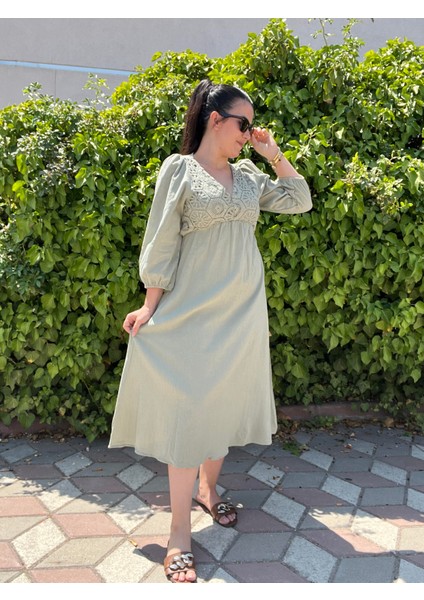 Haki Güpür Detaylı Keten Elbise modelleri