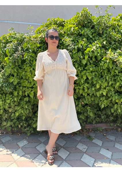 Taş Rengi Güpür Detaylı Keten Elbise modelleri