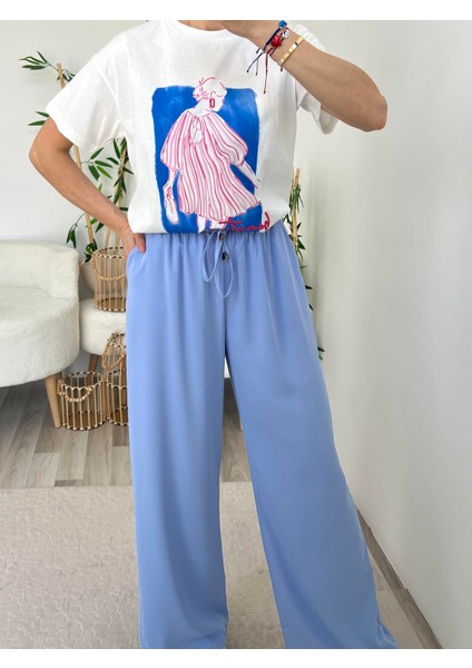 Açık Mavi Yazlık Beli Lastikli Palazzo Pantolon