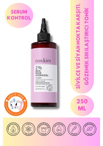 %2 Bha Gül Hidrosol Tonik 250 ml Gözenek Sıkılaştırıcı, Akne ve Siyah Nokta Karşıtı Yağ Dengeleyici