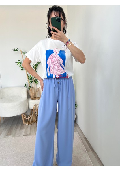 Açık Mavi Yazlık Beli Lastikli Palazzo Pantolon modelleri