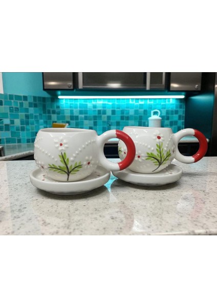 Seramik El Yapımı Kırmızı Papatya Desenli Çay/kahve Fincanı 2'li Takım