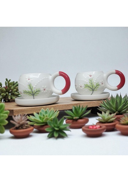 Seramik El Yapımı Kırmızı Papatya Desenli Çay/kahve Fincanı 2'li Takım fiyatları