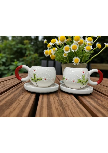 Seramik El Yapımı Kırmızı Papatya Desenli Çay/kahve Fincanı 2'li Takım modelleri