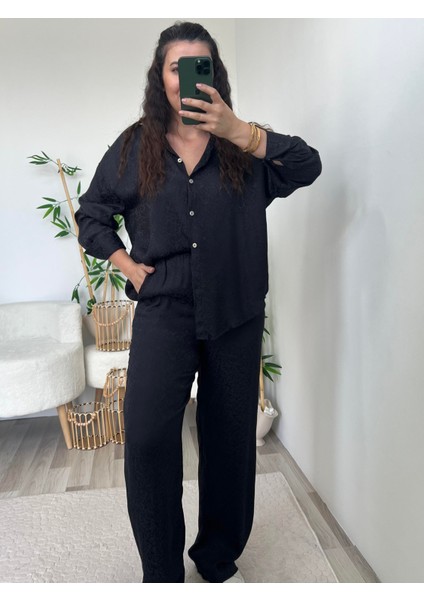 Siyah Saten Desenli Pantolon