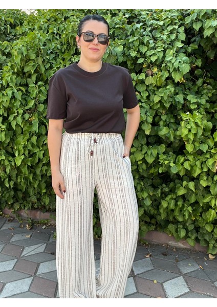 Çizgili Keten Dokulu Bol Paça Pantolon