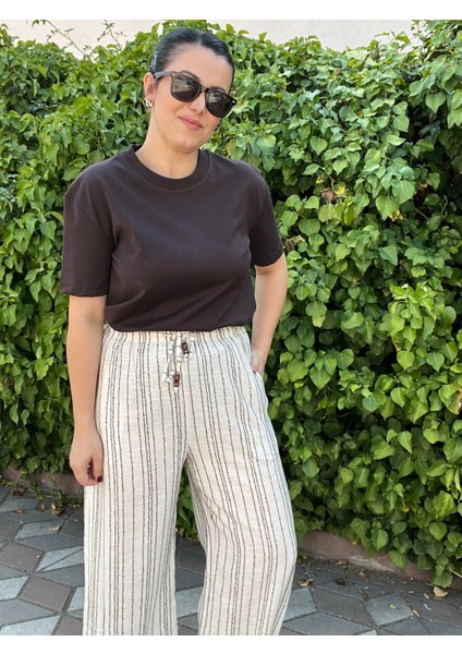 Çizgili Keten Dokulu Bol Paça Pantolon fiyatları