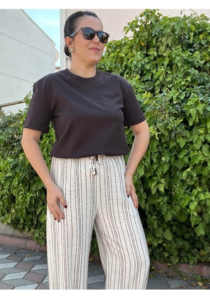 Çizgili Keten Dokulu Bol Paça Pantolon modelleri
