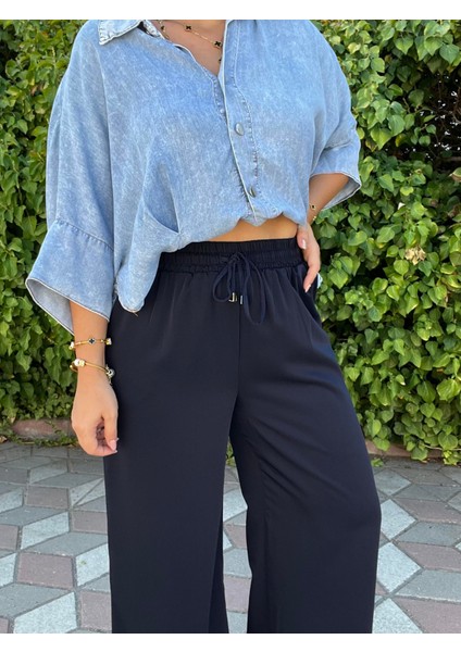 Lacivert Mevsimlik Beli Lastikli Palazzo Pantolon