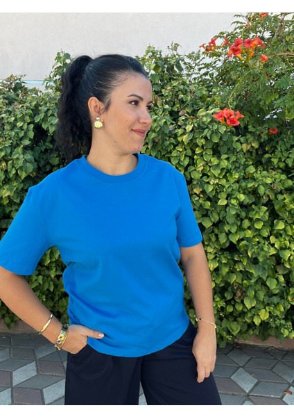Dilvin Mavi Dekoratif Yaka Premium Tişört modelleri