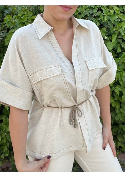Krem Çift Cepli Bağlama Detaylı Keten Dokulu Gömlek