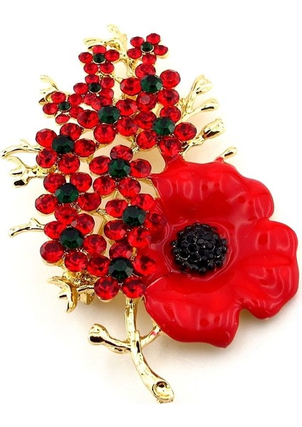 Kırmızı Gelincik Çiçek Kır Çiçeği Zirkon Taşı Yaka Iğnesi Broş RZ326