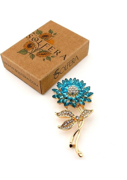 Mavi Zirkon Taşlı Ayçiçeği Çiçek Bahar Metal Yaka Süsü Broş RZ440