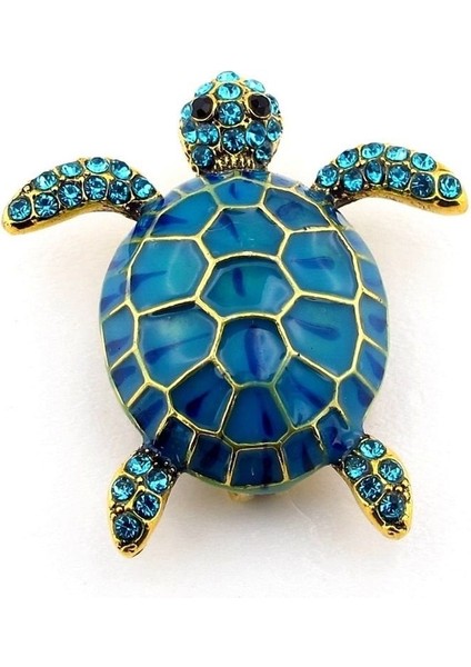 Deniz Kaplumbağası Mavi Zirkon Taşlı Metal Rozet Broş RZ312
