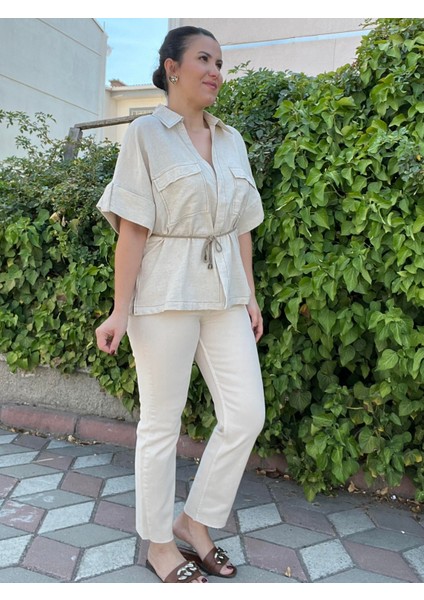 Krem Çift Cepli Bağlama Detaylı Keten Dokulu Gömlek modelleri