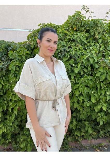 Krem Çift Cepli Bağlama Detaylı Keten Dokulu Gömlek indirimleri