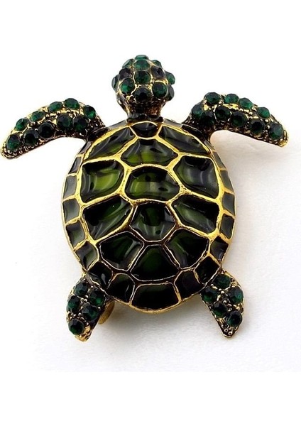 Deniz Kaplumbağası Yeşil Zirkon Taşlı Metal Rozet Broş RZ311