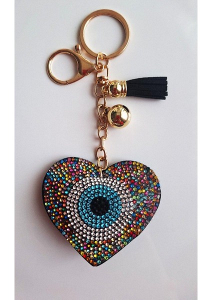 Lüks Hediyelik Zirkon Taşlı Nazar Boncuklu Renkli Kalp Anahtarlık - Çanta Süsü 14,5x6,5 cm
