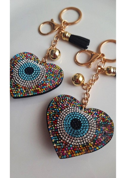 Lüks Hediyelik Zirkon Taşlı Nazar Boncuklu Renkli Kalp Anahtarlık - Çanta Süsü 14,5x6,5 cm fiyatları
