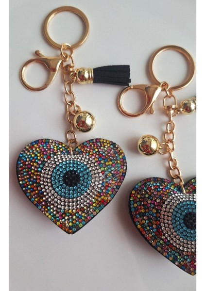 Lüks Hediyelik Zirkon Taşlı Nazar Boncuklu Renkli Kalp Anahtarlık - Çanta Süsü 14,5x6,5 cm modelleri