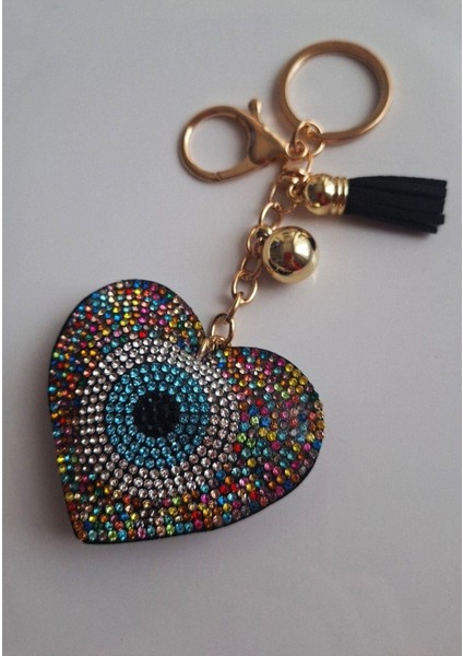 Lüks Hediyelik Zirkon Taşlı Nazar Boncuklu Renkli Kalp Anahtarlık - Çanta Süsü 14,5x6,5 cm fırsatları