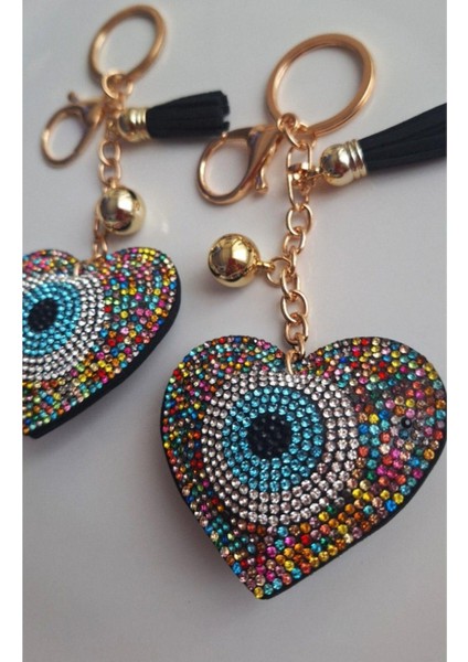 Lüks Hediyelik Zirkon Taşlı Nazar Boncuklu Renkli Kalp Anahtarlık - Çanta Süsü 14,5x6,5 cm indirimleri