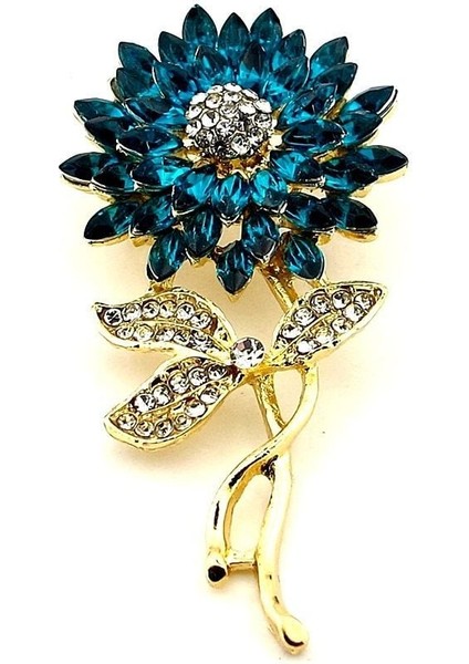 Ay Çiçeği Sunflower Mavi Zirkon Taşlı Çiçek Metal Yaka Süsü Broş RZ378
