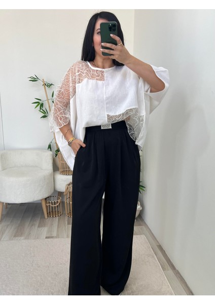 Siyah Cepli Beli Lastikli Bol Paça Pantolon