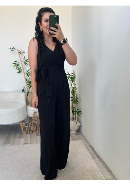 Siyah Bağlama Detaylı Jarse Kumaş Tulum modelleri