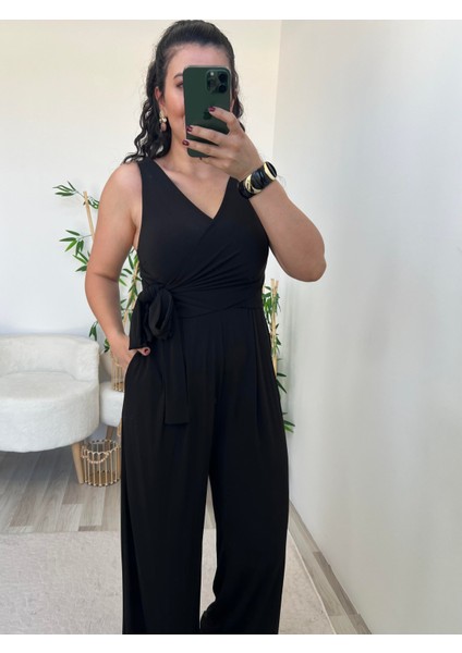 Siyah Bağlama Detaylı Jarse Kumaş Tulum indirimleri