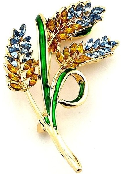Sarı Mavi Başak Buğday Bolluk Bereket Barış Simgesi Zirkon Taşlı Metal Broş RZ381