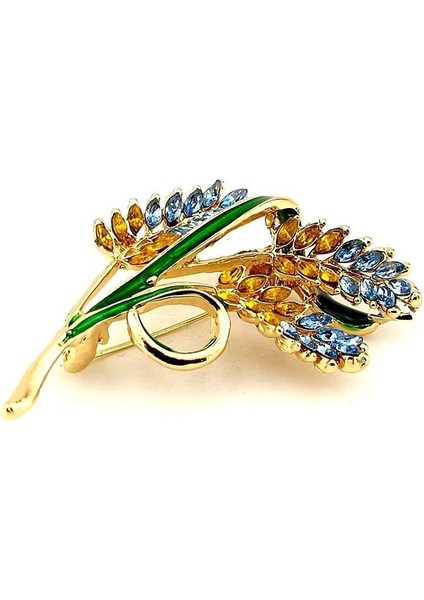 Sarı Mavi Başak Buğday Bolluk Bereket Barış Simgesi Zirkon Taşlı Metal Broş RZ381 modelleri