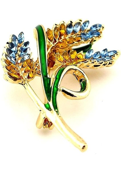 Sarı Mavi Başak Buğday Bolluk Bereket Barış Simgesi Zirkon Taşlı Metal Broş RZ381 fırsatları