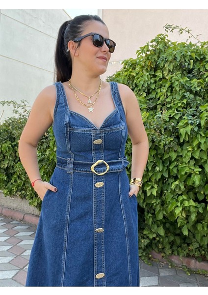 Metal Gold Düğme Detaylı Premium Özel Seri Jean Elbise ( Kargo Ürünüdür)