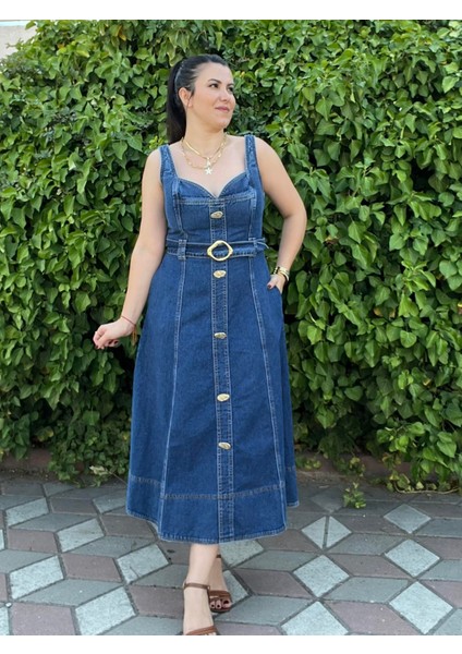 Metal Gold Düğme Detaylı Premium Özel Seri Jean Elbise ( Kargo Ürünüdür) fiyatları