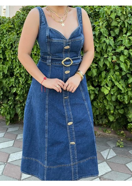 Metal Gold Düğme Detaylı Premium Özel Seri Jean Elbise ( Kargo Ürünüdür) fırsatları