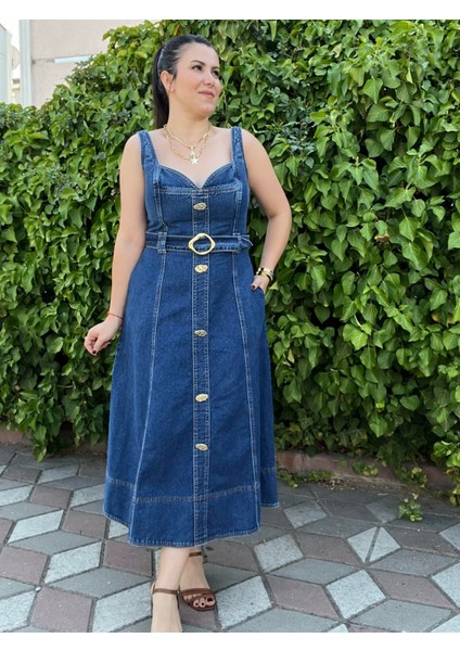 Metal Gold Düğme Detaylı Premium Özel Seri Jean Elbise ( Kargo Ürünüdür) indirimleri