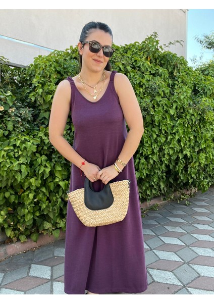 Mürdüm Büzgü Askılı Marka Model Uzun Elbise