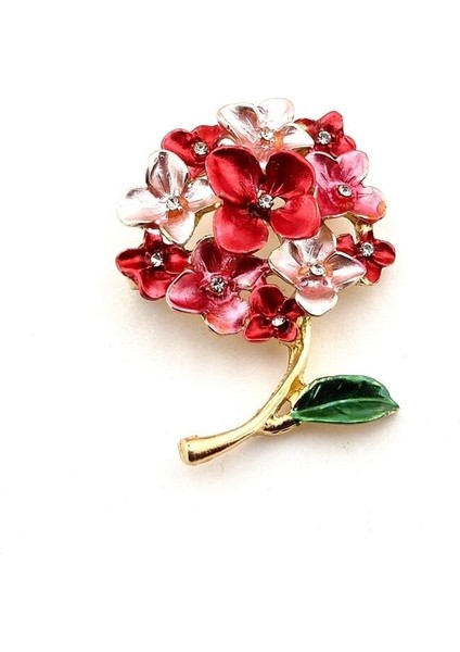Kırmızı Pembe Ortanca Çiçek Zirkon Taşlı Metal Yaka Süsü Broş RZ402