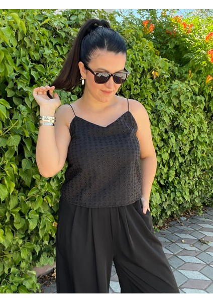 Siyah Ip Askılı Astarlı Fisto Bluz