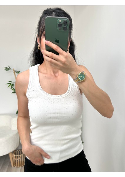 Beyaz Taş Işlemeli Atlet Badi fiyatları